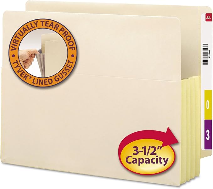 Smead End Tab File Pocket, Reinforced Straight-Cut Tab, 3-1/2" Expansion, Tyvek®-Lined® Gusset, Letter Size, Manila, 10 per Box (75164)