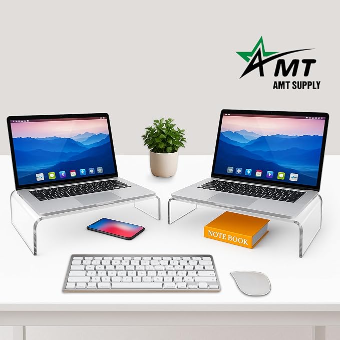 AMT 2 Pack Acrylic Laptop Monitor Stand & Computer Riser with Cat Keyboard Protector, Space-Saving Design, Extra Storage, Clear Shelf - Ideal for Monitors, Laptops, Printers, Desktop Decor
