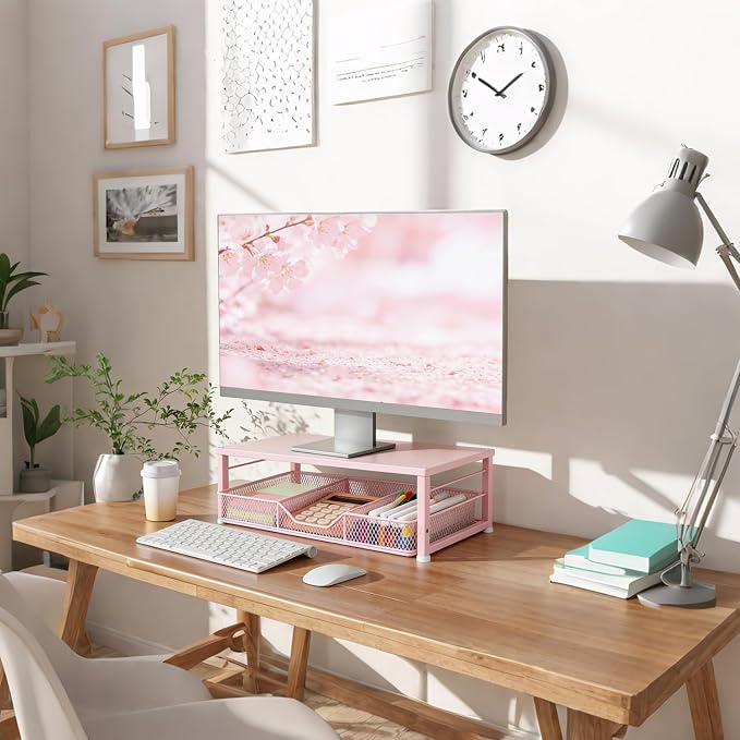 Small Pink Laptop Stand for Desk, Monitor Stand, Office Desk Accessories, Computer Desktop Stand with Drawer for Home, Office, School (Pink)