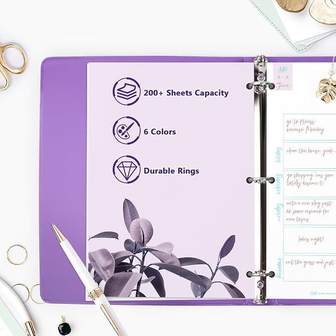 COMIX Sturdy 1 Inch 3 Ring Binder with Clear View Cover | 1"Heavy Duty Round Ring,PVC-Free Board,Holds 200 Letter Sheets,Wholesale for Offices & Classrooms,6 Pack (Purple)