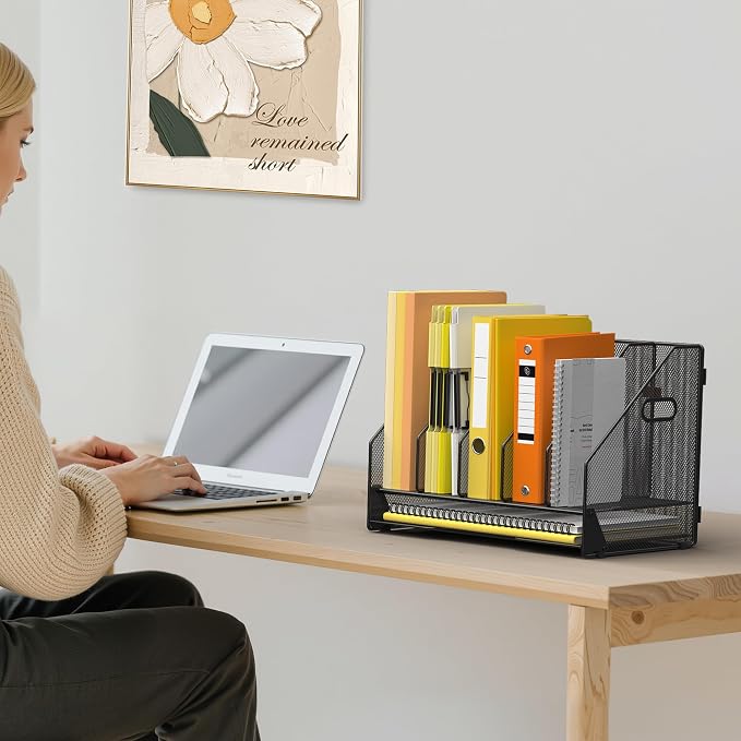 Docnest Mesh Desk File Organizer, 5 Vertical Compartment Box Sorter, Black | Features 4 removable middle dividers for custom spacing and a bottom letter tray to hold paper, mail, and documents