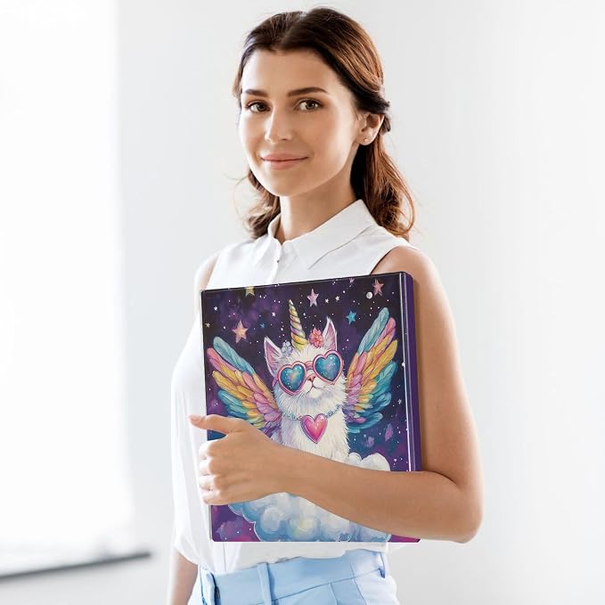 Unicorn Cat with Wings Round Ring Binders 1.5 Inch Galaxy Space Stars 3 Ring Clipboard Binder for Office School Work Supplies File Folder Document 200 Sheet Capacity Easy Open