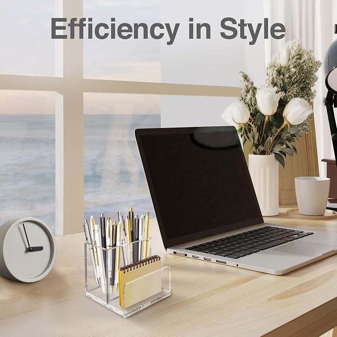 Pen Organizer for Desk-A Modern Desk Accessory w/a Removable Divider is Great as a Pen & Makeup Brush Holder-This Chic Acrylic Storage Stand Makes a Great Gift for Home/Work Space