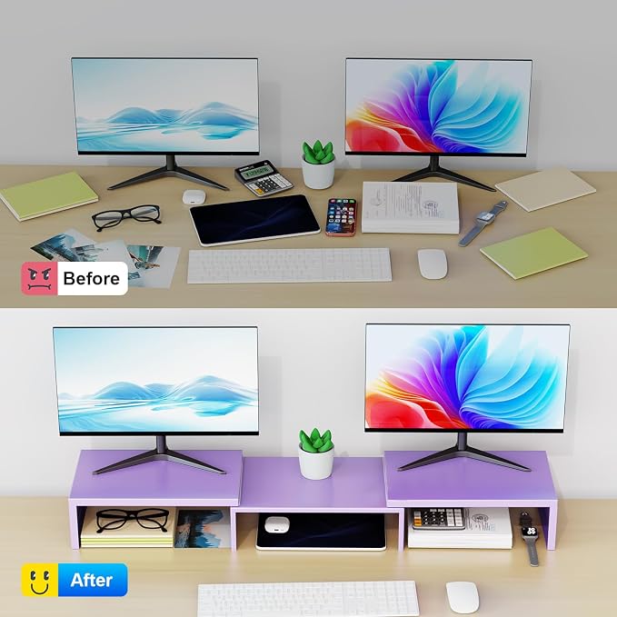 Dual Monitor Stand Riser | Monitor Stand for Desk, Metal Computer Stand, Desk Shelf Riser,Desktop Organizer for Home and Office Use (Purple)