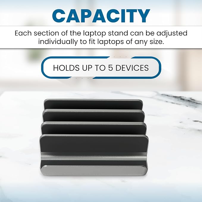 5- Slot Vertical Laptop Stand - Aluminum Laptop Stand Vertical for Desk - Fits MacBook Pro/Air, Surface, Mobiles & Gaming Laptops up to 17.3" - Heavy Duty Laptop Holder for Desk - (Black)