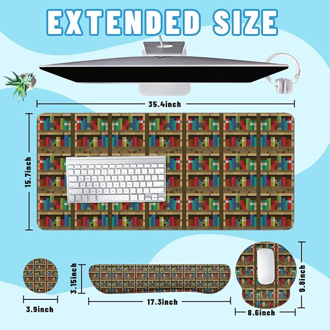Bookshelf Mouse Pad Set Educational Bookcase Pixel Game Gaming Mousepad 4in1 Desk Mat for Desktop Wrist Support Cup Coaster Set Ergonomic Computer Desk Arm Wrist for Decor Home Office