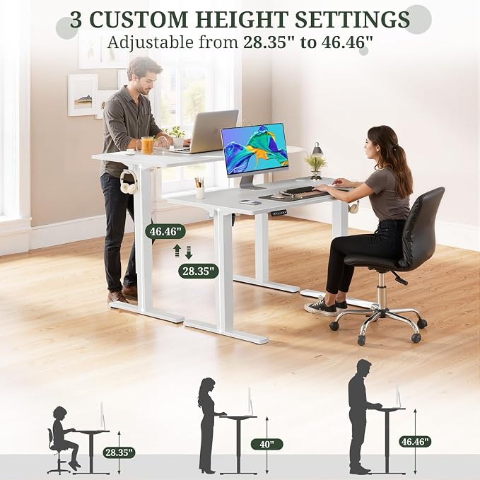 48 x 24 in Electric Standing Desk - Memory Height Adjustable | Ergonomic Sit-to-Stand Rising Computer Table Gaming Workstations with 2 Hooks and Wire Hole for Home Office, White