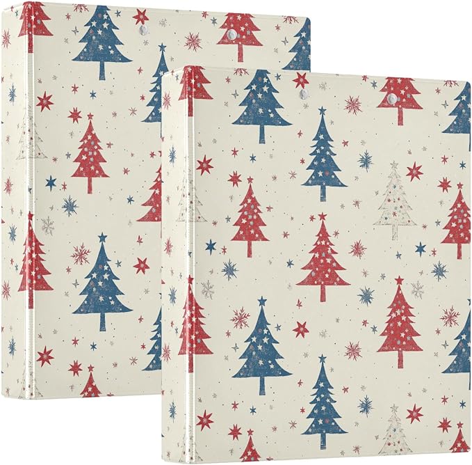 Winter Red and Blue Trees Snowflake 3 Ring Binder 1.5" Decorative D-Ring Binder with Clipboard&3 Clear Pockets, Holds 200 Sheets A4 Size Paper Waterproof Binders for School Home Office