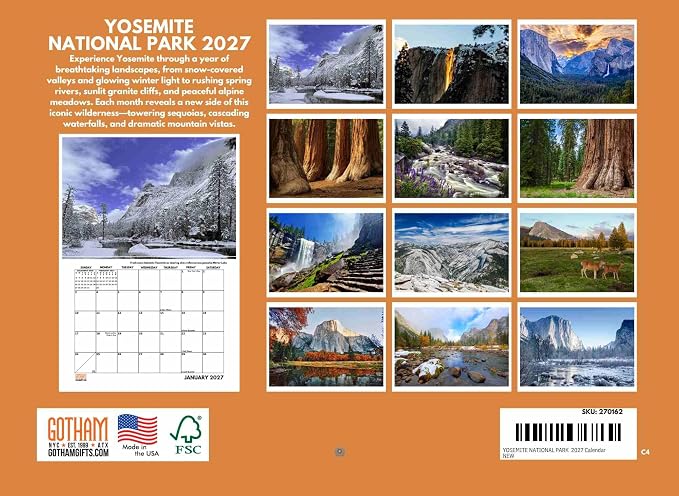 Yosemite Calendar 2027 National Park Monthly Wall Calender 12 Month | American Made In The USA