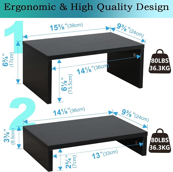 TEAMIX 2-Pack Monitor & Laptop Stand Riser,Wood High-Low Dual Monitor Setup | Black, Stacked/Separate Use, Adjustable Computer Stand for 2 Monitors, Holds 80Lbs, Desk Organizer for Home Office, Gaming