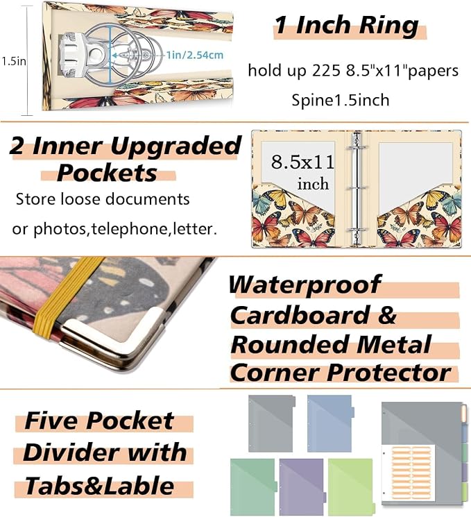 3 Ring Binder 1 Inch,BVSSX Three Ring Binders Organizer with Clipboard, 5-Tabs Pockets Dividers, Plastic Folder, 18 Divider Stikers,Pen Loop (Butterfly, Letter Size)