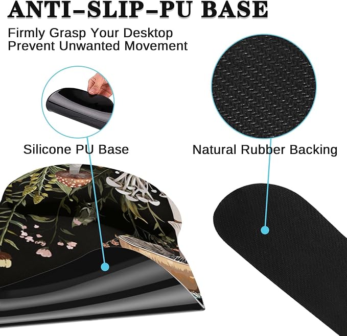 Keyboard Mouse Pad Set, 4 in 1 Desk Mat Set, Black Mushroom Flora | Large Mousepad+Keyboard Wrist Rest+Mouse Wrist Rest+Coaster Ergonomic Design for Home Office Computer