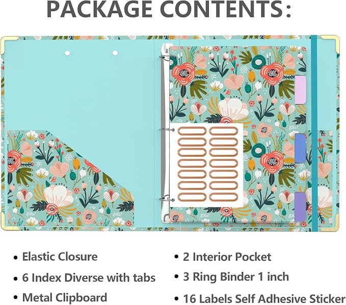 3 Ring Binder 1 Inch, Cute Round Ring Binders with 6 Tab Dividers, Labels Stickers, Low Profile Clipboard with Storage, Fashion Binder School Office Supplies(Green Floral)