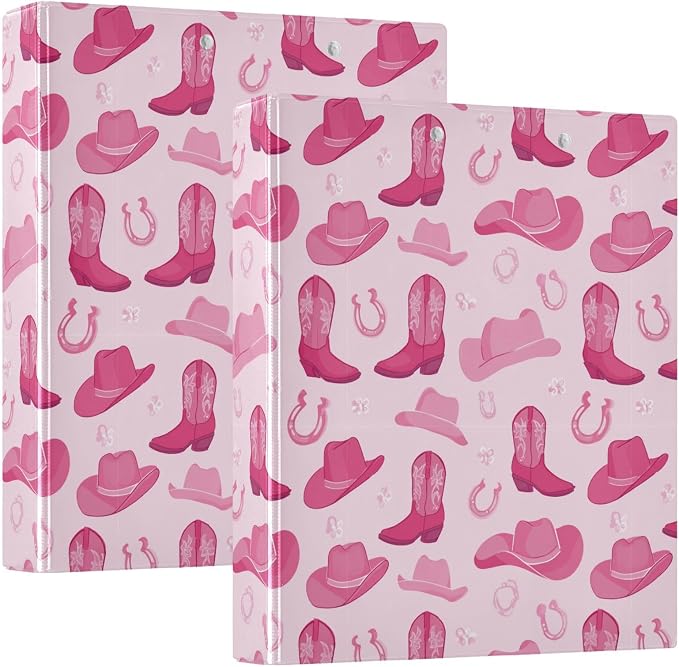 Aslsiy Wild West Girl Pink 3 Ring Binder 1.5 Inch Cow Hat Round Clipboard Binder Decorative Harcover Binders Organizer for Office Supplies