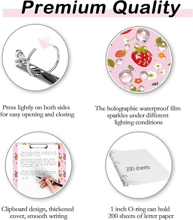 3 Ring Binder 1 inch with Clipboard - Pink Strawberry Design, Includes Dividers, File Bag & Spine Label - Cute and Practical for Students and Organizers, Holographic Waterproof Film