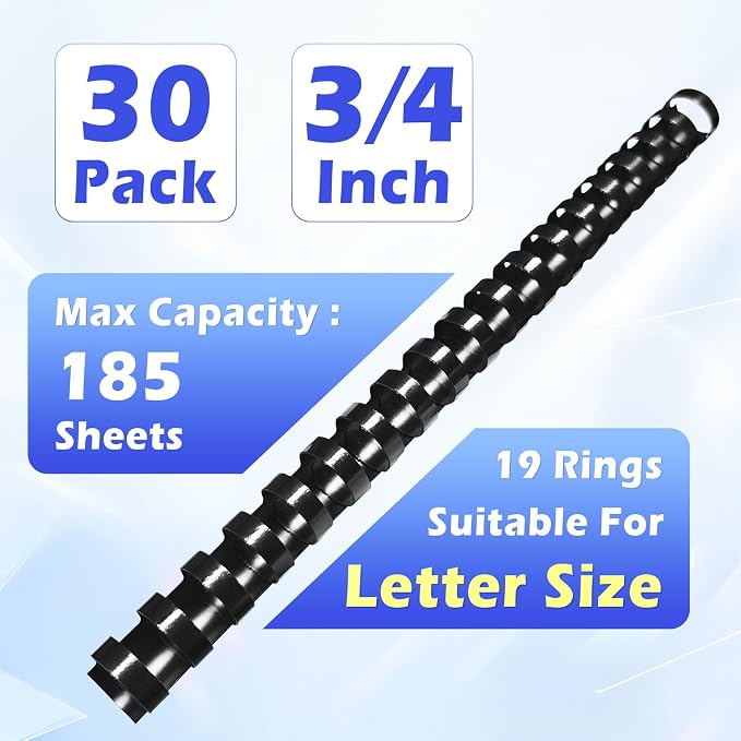 TOTiyea 30 Pack 3/4" 19 Ring Plastic Binding Combs,185-Sheet Letter Size | Binding combs,combind spines,Black,8.5"x11",For educators custom teaching References,classroom organization,work supplies