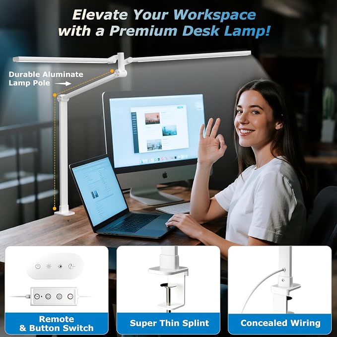 Airlonv LED Desk Lamp, Double Swing Arm Wide Lighting Area Desk Lamps for Home Office with Stepless Dimming, Eye-Caring Architect Desk Light with Clamp for Reading, Study, Workbench, Drafting(White)