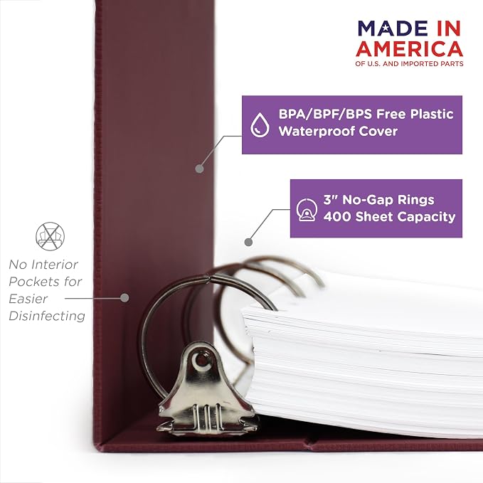 Carstens 3-Inch Heavy Duty 3-Ring Binder - Side Opening, Wine, Durable Plastic, Precision No-Gap Rings, Waterproof Cover, No Pockets, Holds 400 US Letter Sheets, BPA-Free, Made in USA (1743-3R)