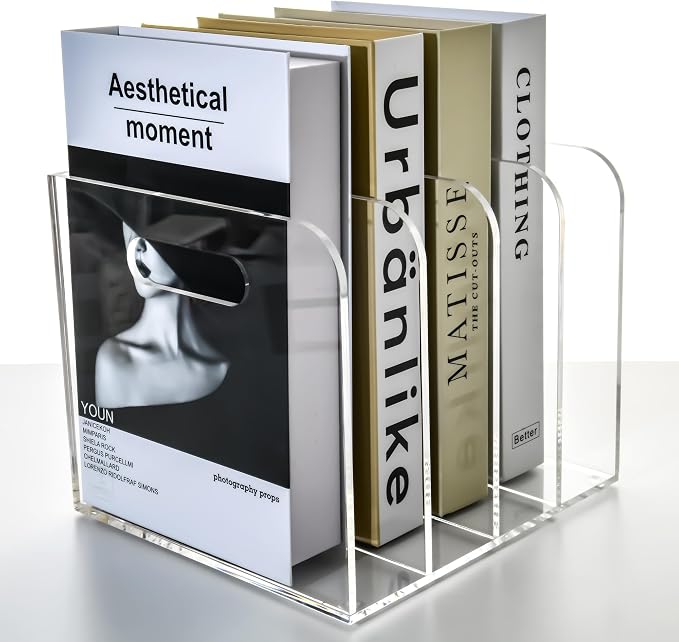 4 Vertical Compartments File Holder, Clear Acrylic Desk Organizer and Storage Bins Holding for Magazines, Binders, Notebooks, Envelopes, Multi-purpose Document Organizer for Home Office