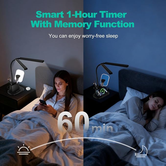 Desk Lamp with USB-C Charging Port and Organizer Base, LED Desk Light with Pen Holder, Phone Stand, 25 Lighting Modes, Flexible Gooseneck Touch Lamp for Home Office, Study Desk, College Dorm Room