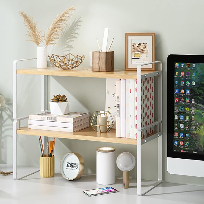YGYQZ Desk Shelf Organizer, 2-Tier Desktop Bookshelf, White & Wood | Detachable Design, 2-Tier Storage, Multi-Use Desktop Shelf, Compact Organization, Ideal for Office, Dorm & Home