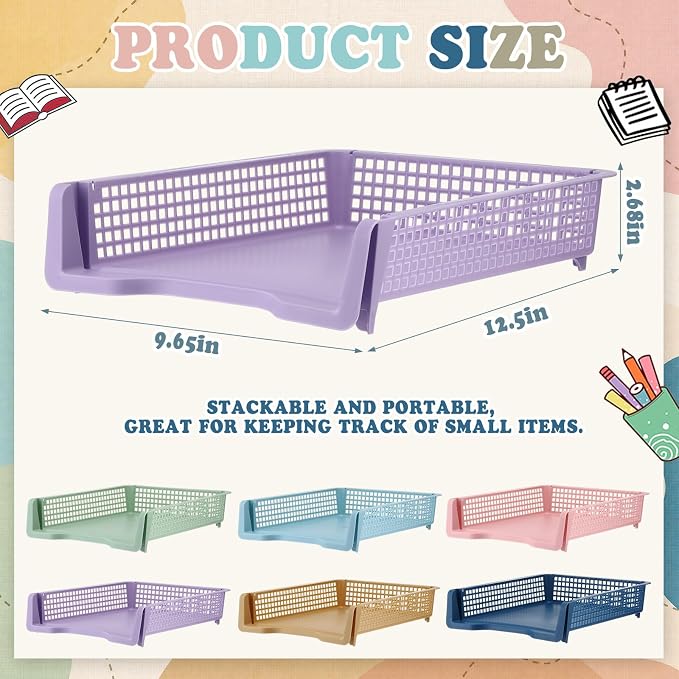 Weysat 6 Pcs Turn in Trays Classroom, Stackable Paper Tray for Classroom Organization Plastic Desk File Organizer Bin Basket for Library Drawer Teacher Office Document Storage (Morandi Pastel,Narrow)