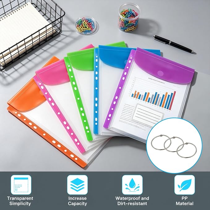 10 Pack Binder Folders with Pockets 11 Holes Expandable Dividers for 2/3/4 Ring Document Pouch with Velcro Button & Label Loose-Leaf Transparent Binder Organizer for School Home Office