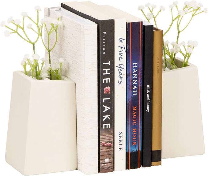 Mind Reader Cement Planter Bookends, Desk Decor and Indoor Plants, Set of 2, White