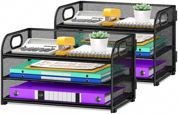 Cawukege 2 Pack 3 Tier Paper Organizer with Handle, Metal Desk Organizer Mesh Paper Letter Tray Desktop File Folder Document Sorter for Classroom, School, Office Accessories Storage (2, Black)