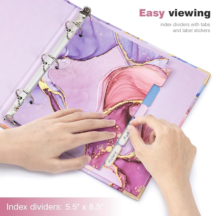 Ospelelf Mini 3 Ring Binder 1 Inch, Cute Pink Marble for 5.5" x 8.5" With 5 Tab Dividers, File Folder Labels and Low Profile Clipboards for School and Office Supplies