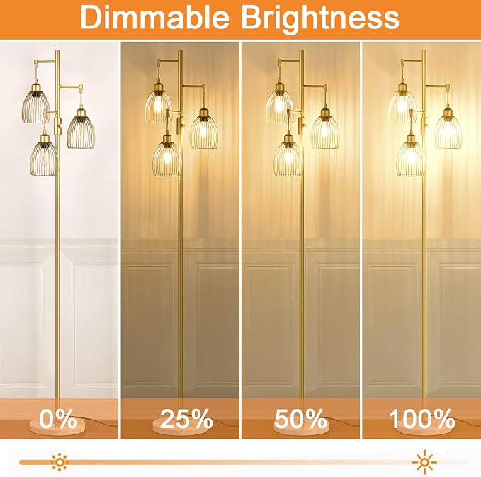 Torondo Dimmable Floor Lamps for Living Room, Industrial Standing Lamp with Marble Base, Gold Tree Tall Pole Light with 3 Elegant Teardrop Cage Head & 800 Lumens LED Bulbs for Bedroom Office