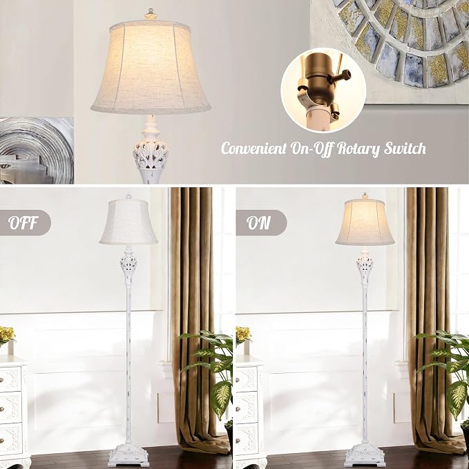 Vintage Floor Lamp for Living Room, Traditional Tall Standing Lamp | Eye-caring White Fabric Shade, Stable Antique Base, Farmhouse Rustic Design, Bright Floor Lighting
