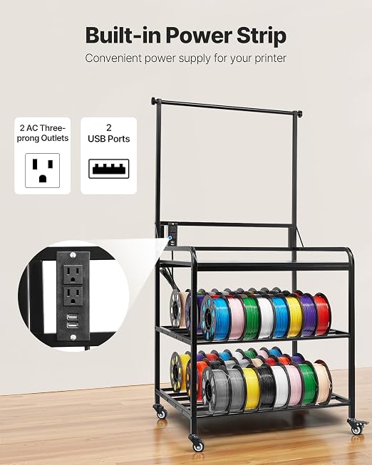 VEVOR 3D Printer Filament Storage Rack with Power Strip, 3-Tier Stand with Filament Storage, Spools Holder Racks Cart with Wheels, Filaments Organzied for 3D Printing Station, Workshop (Shelf Only) | Spool Holder Racks Cart with Wheels for 3D Printing ...