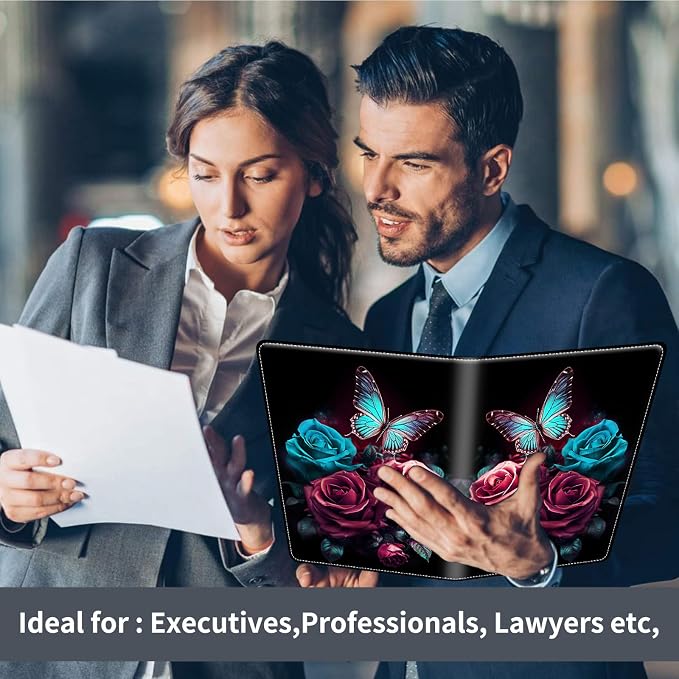 Padfolio/Portfolio Folder Clipboard,Padfolio Clipboard,Writing Portfolio Leather with Cover for Card Holder Slot Letter Size A4 for Office Conference Notepad Clip Boards,Roses Blue Butterfly