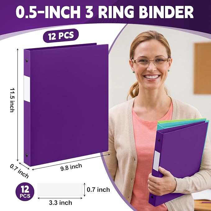 Henoyso 1/2 Inch 3 Ring Colored Binders Soft Flexible, 8.5'' x 11'' Plastic Floppy Binders Bendable with 2 Pockets, Colorful Binder Bulk for School Office Business ，12 Pack (Assorted Stylish Color)