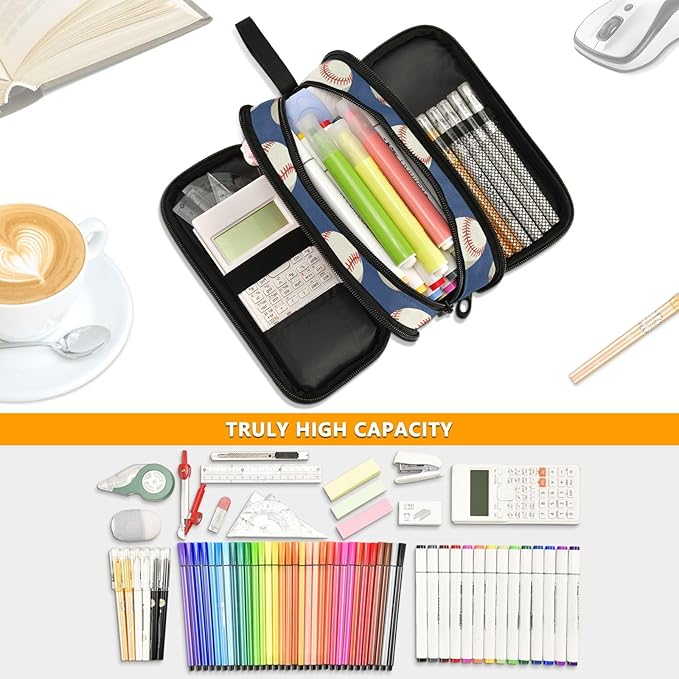 BOENLE Baseballs Ball Blue Pencil Case Box Boys Girls Large Pencil Pouch with Zipper Compartments Big Capacity Stationery Pen Bag Organizer for Kids Teens Adults School