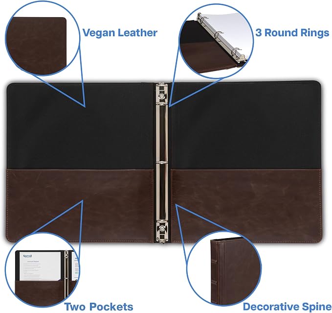 Samsill Vintage Leather Binder, 0.5 Inch Round Ring (Holds 100 Sheets), Letter Size 8.5x11 Documents, Professional Organizer Portfolio, No Zipper, Brown