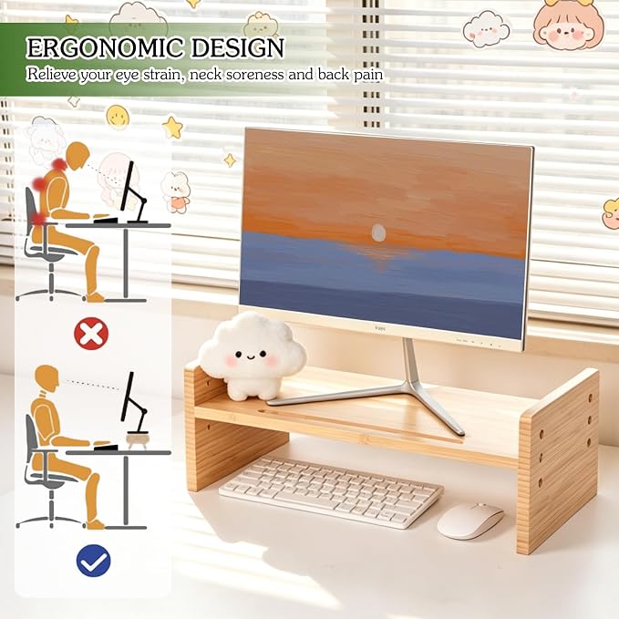 Bamboo Monitor Stand for Desk, 3-Level Adjustable Monitor Riser, Wooden Desktop Shelf Organizer, Portable and adjustable Laptop Stand for Desk, Macbook stand and Computer Tower Stand, TV Riser Printer Stand, Space Saving Desk Shelf