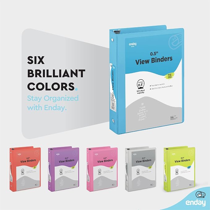 Enday 1/2 inch Binder 3 Ring Binder (6 Pack - Blue) O-Ring Binder with Clear View Cover and 2 Inside Pocket - for Letter Size 8.5 x 11'' Paper, Ideal for School Supplies, Office, and Home