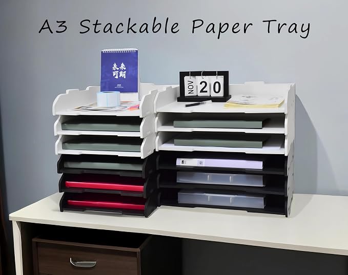 A3 Stackable Paper Tray, 3 Tier Desk File Organizer, Desktop Organizer for Office Supplies, File Storage, Letter Organizer /A3 Office File Folder,Home or Office School, White (Landscape-White-3-Tier)