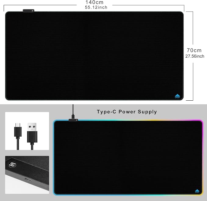 Cacoy 55"x27.5" Giant RGB Gaming Mouse Pad, Extra Large LED Desk Mat, Black | Extended Computer Keyboard Mouse Mat with 9 LED Light Modes Stitched Edge Non-Slip Rubber Base Oversized Desk Pad for Desktop