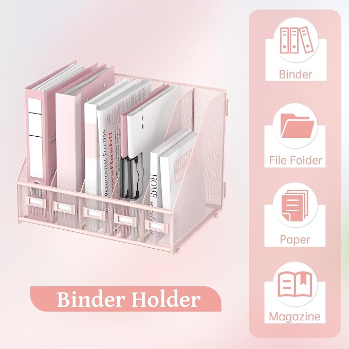 Desk Organizers Metal Desk Magazine File Holder with 5 Vertical Compartments Rack File Organizer for Office Desktop, Classroom, Home Workspace, Pink Plus