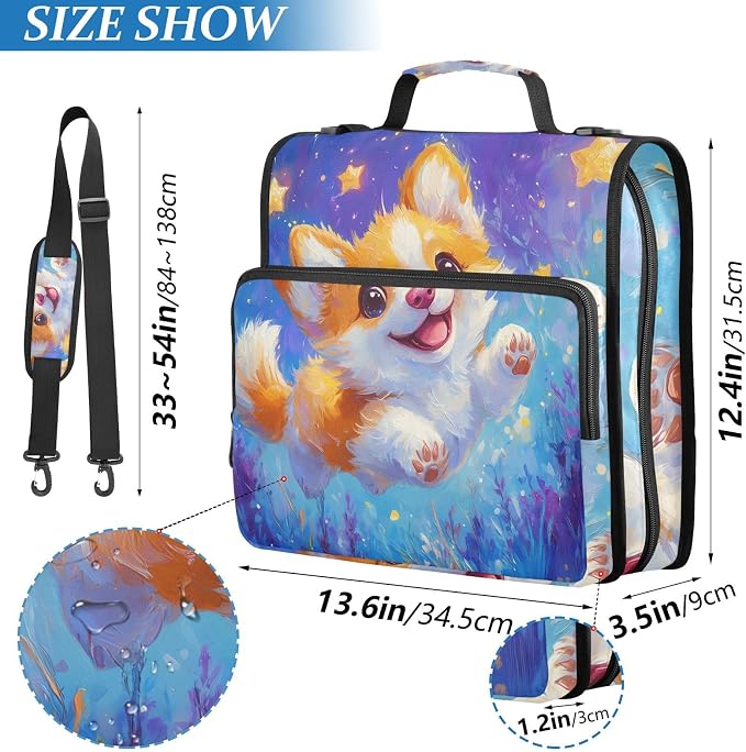 Corgi Dog Star Cartoon Zipper Binder Bag 3 Ring Binder with Shoulder Strap Zip Up 500 Sheets Capacity Multi Pockets for School Office Supplies