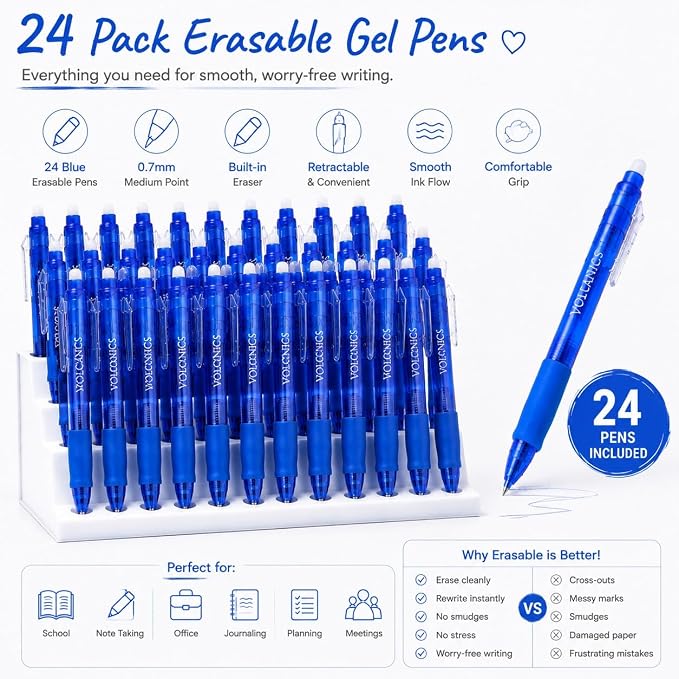 Volcanics Blue Erasable Gel Pens, 0.7mm Retractable, 24 Pack