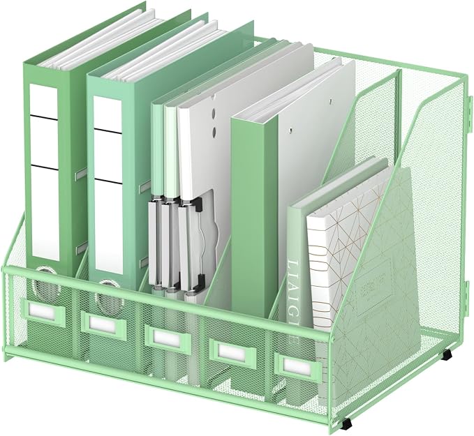 DALTACK 5-Slot Magazine File Holder, Metal Binder Holder, Mint Green | Iron Mesh Construction, Labeled Sections for Easy Sorting, Anti-Slip Feet, Binder and Folder Storage for Office, Classroom
