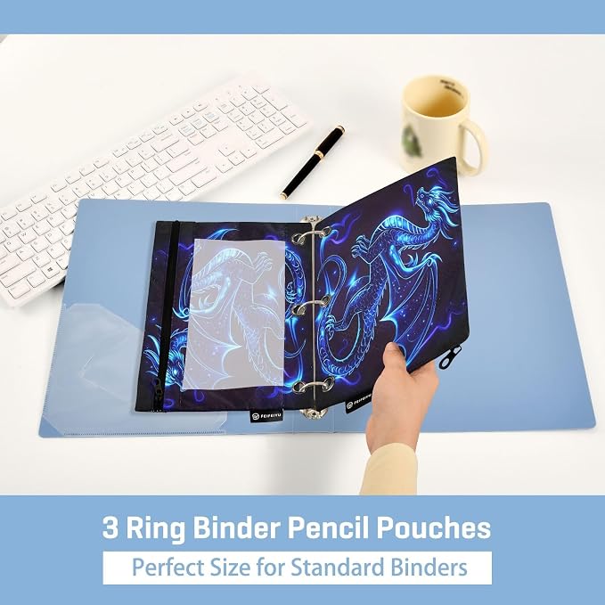Dragon Blue Black Pencil Pouch for 3 Ring Binder, 2 Pack Waterproof Pencil Bags Clear Window Pencil Case Zipper School Office Supplies