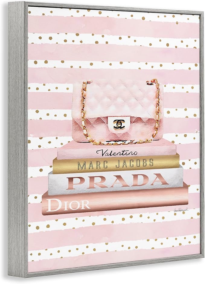 Stupell Industries 'Pink Purse Bookstack Over Stripes', Framed Giclee Art, Gray, 16 x 20 Inches, Easy to Hang and Sturdy, Made in USA, by Amanda Greenwood