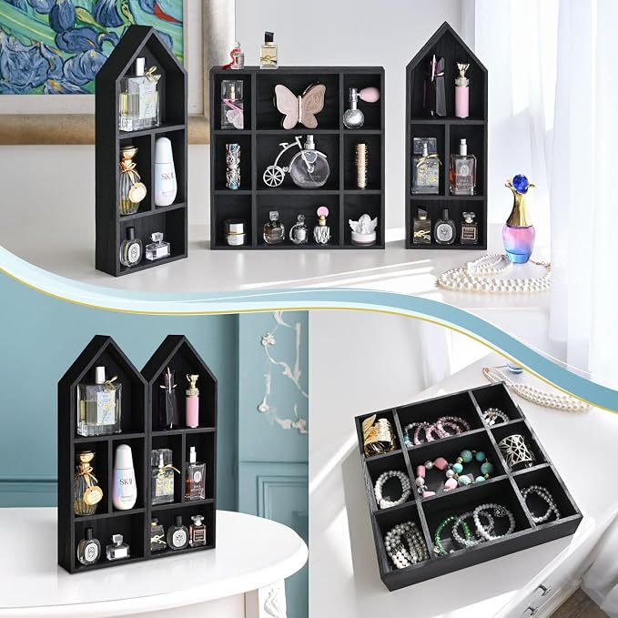 Ikee Design 3-Pc Wooden Shadow Box Shelf for Collectibles | 17 compartments Wooden Shadow Cubby Box Display Shelf Organizer Storage Shadow Box for Collectibles, Figures, Black
