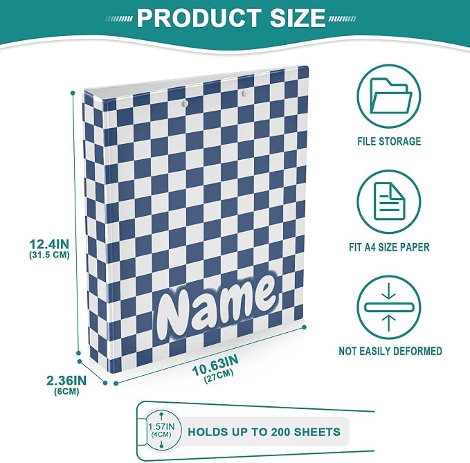 Custom 3 Ring Binder Blue White Checkered Plaid 1.5" Round Ring Binders Personalized Name View Binder with 200 Sheet for Kids School Supplies Women Men Office, 1 Pack