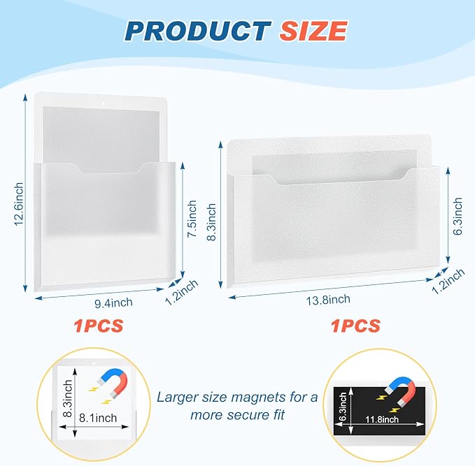 Feifeiya 2 Pcs Magnetic File Folder Wall Hanging Holder Large Pocket Paper Magazine Mail Organizer for Refrigerator Classroom Locker Whiteboard(Mixed,Clear,13.8 x 8.3 Inches,12.2 x 9.4 Inches)
